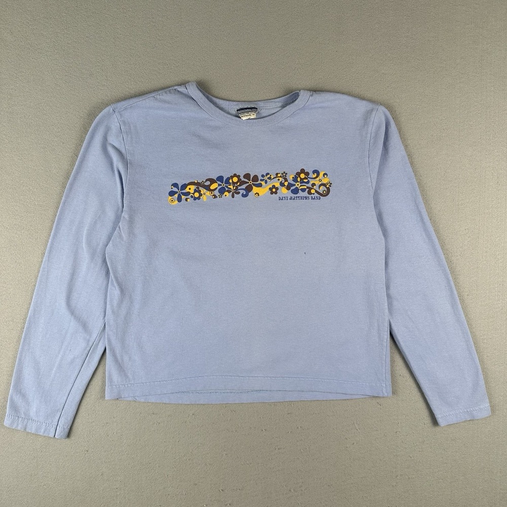 Vtg 90s Dave Matthews Band Long Sleeve Shirt Women's Large Light Blue Cropped